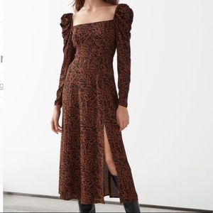 & Other Stories Size 8 Satin Squareneck midi dress Brown Zebra